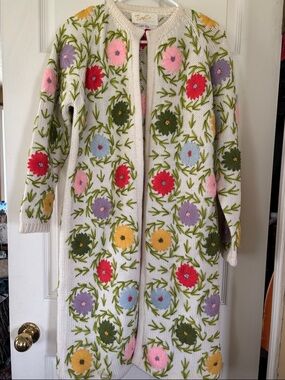 Vintage 50’s Embellished Floral Knit Coat - Cream with Multicolor Flowers